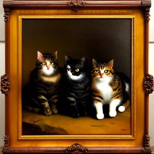 oil portrait of three cats like The Three Musketeers with armor by Rembrandt 8k