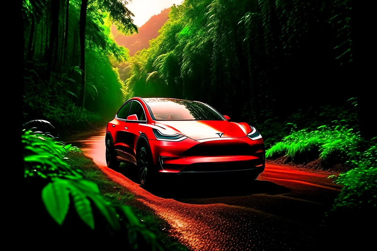 A Tesla's 'Model Y' is racing at top speed, across the 'Jurassic Park' jungle. CINEMATIC. WIDE ANGLE LENS. PHOTO REAL.