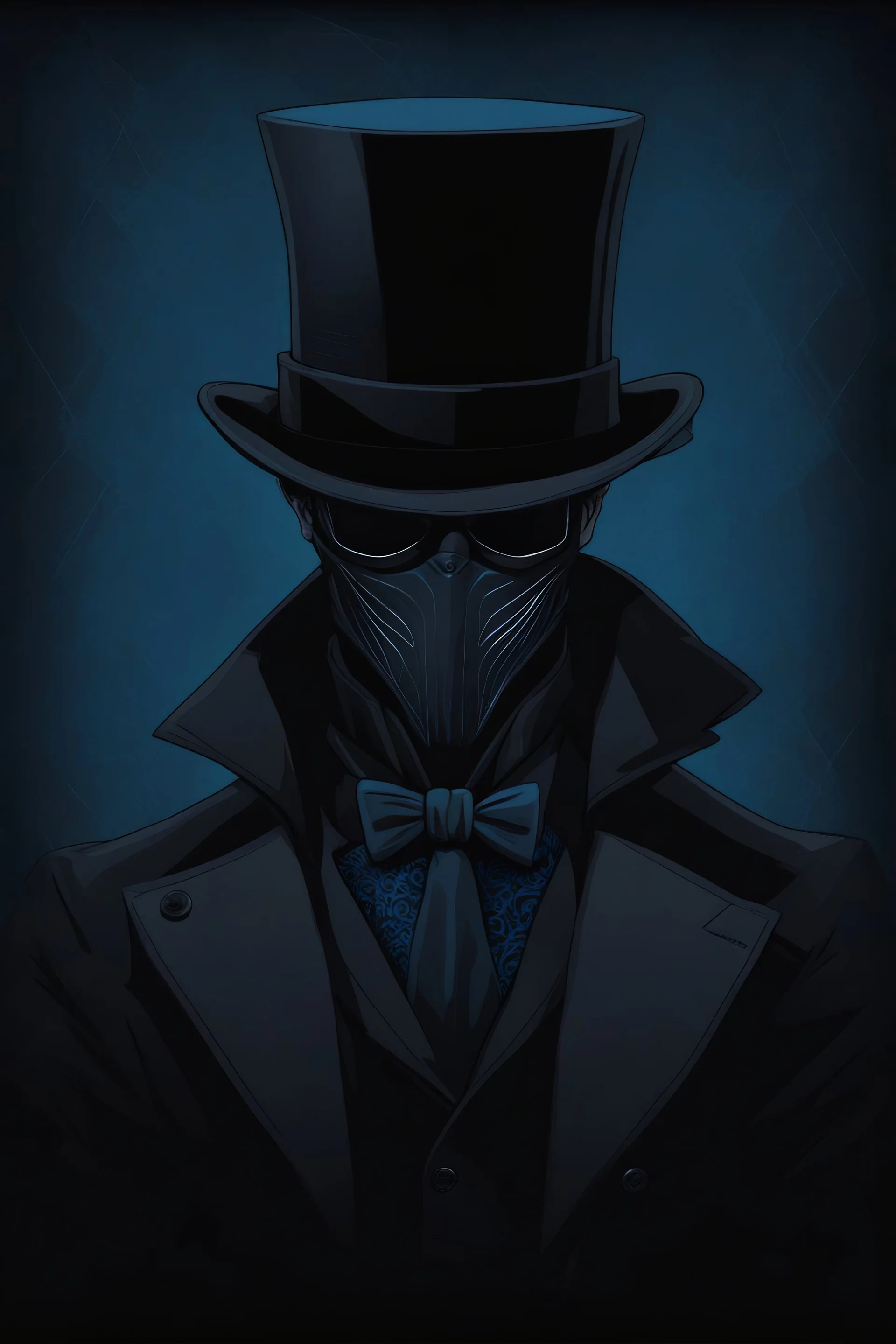 warlock, black top hat, black mask with blue patterns, black trench coat with blue patterns, dark, ominous, Blue, dark gray background, profile picture, simplistic design