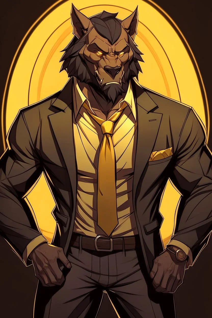 Buff, anthro, wolf, himbo, black fur, gold eyes, wearing a suit, full-body, muscles, strong, muscular, man boobs, bulky, tail, dark fur, smug grin, hands on hips, furry-himbo, broad shoulders, wide hips, big chest, big muscles,