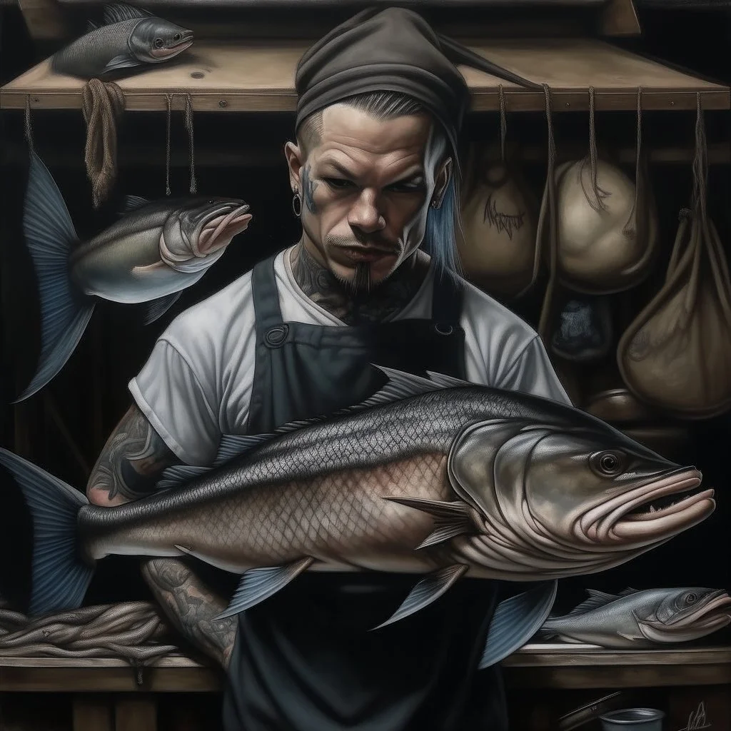 large pale Fishmonger with Sharkteeth and Tattoos dark realistic art