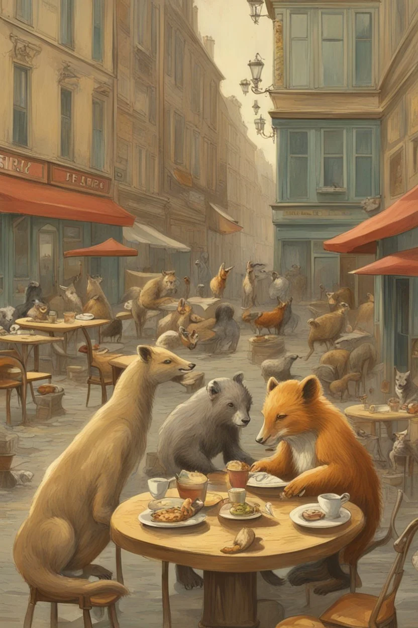 Wild animals eating at tables in a cafe street scene