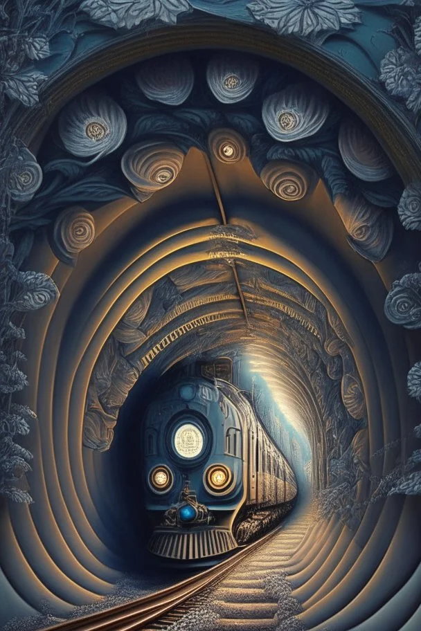 Then it comes to be that the soothing light at the end of your tunnel Was just a freight train coming your way; intricately detailed surreal optical art, award-winning,