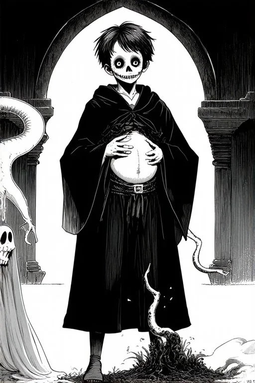 7 year old boy, necromancer, friendly, looks dead,with a long lamprey emerging from his stomach, wearing black robes, with the lower body of a ghost in the style of Harry Clarke