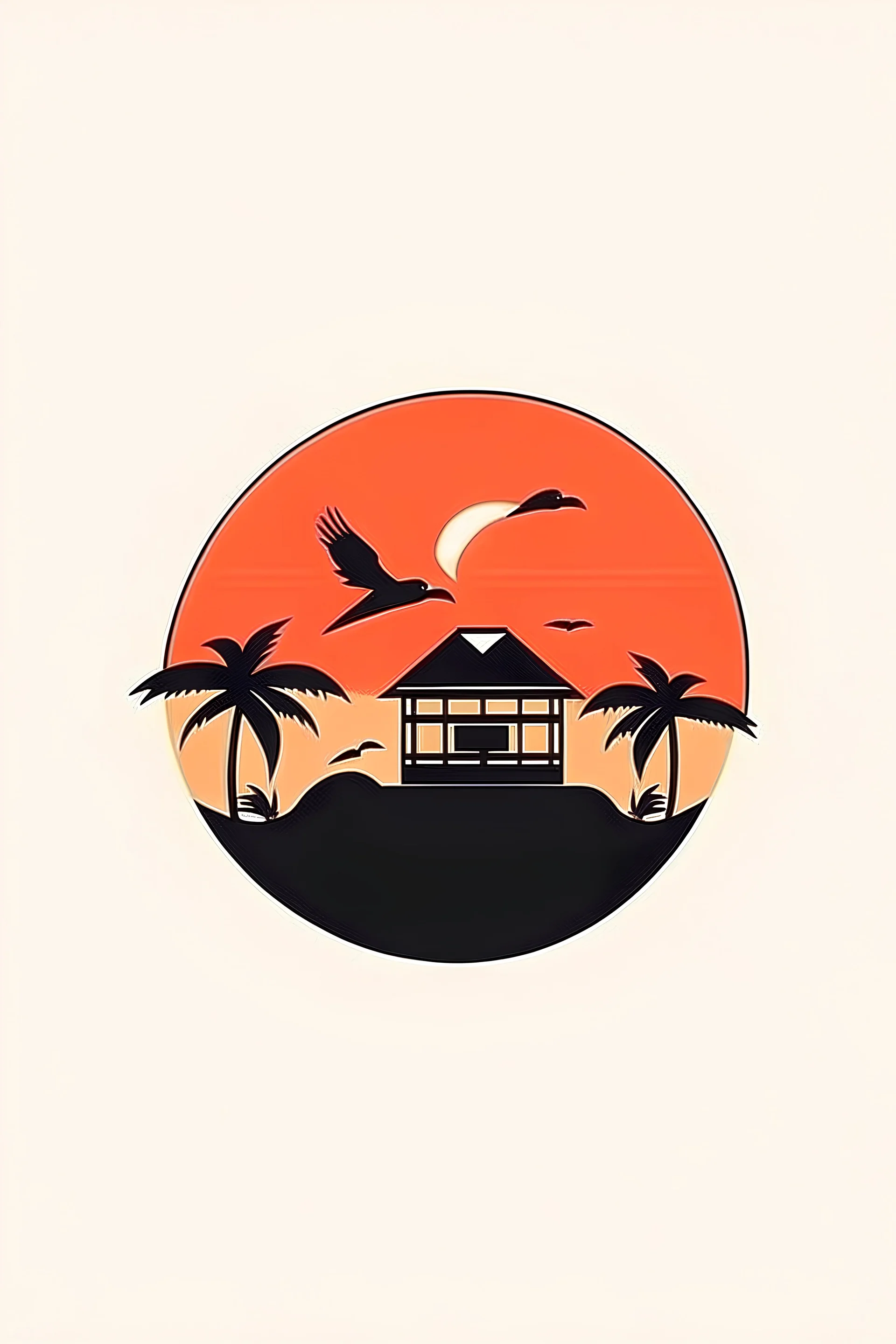 Minimalist logo, for a resort, cargo ship, sunset, palm trees, birds, huts, vector style