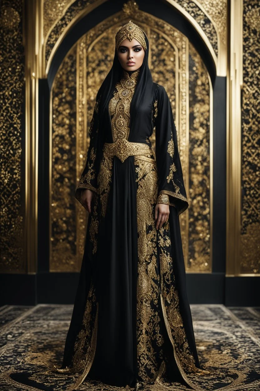 Gorgeous photography full body Beautiful super model arabian hijab dressing Luxury gown islamic black and gold ornaments art conceptual, amazing artwork,close-up portrait,crystal ornaments background