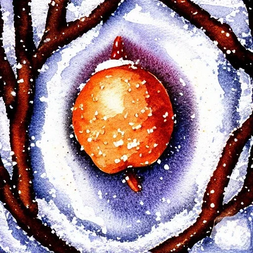 watercolor of tiny acorn covered in snow, warm colors, soft lighting, snowdrift