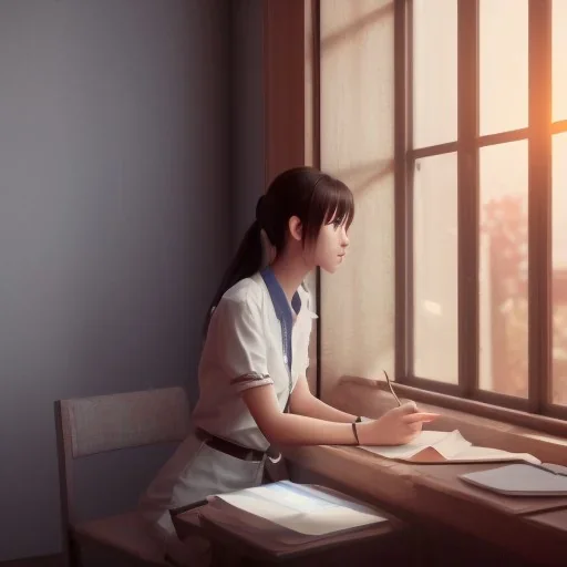 female student studying by the window, anime style, unreal engine 5, sun light, studio lighting --ar 1:1 --v 4