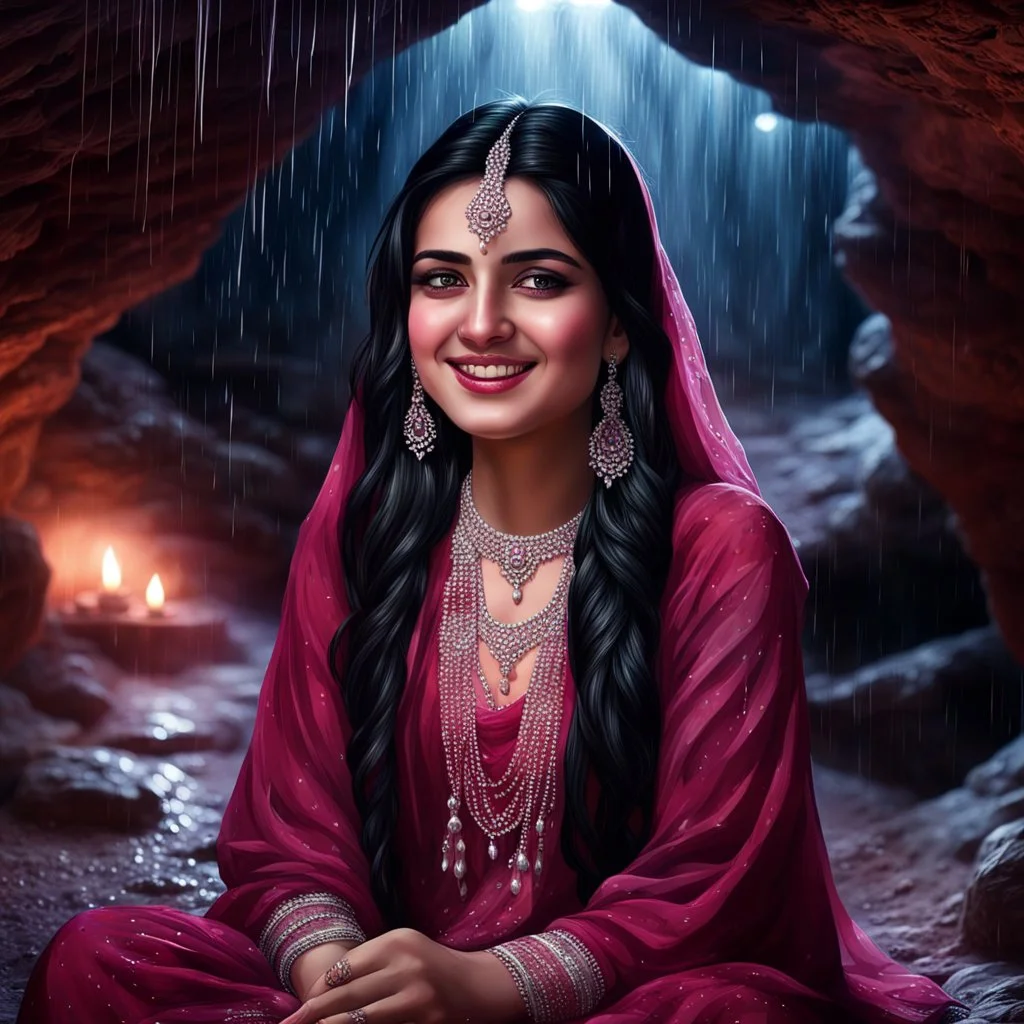 Hyper Realistic Photographic Outside View Of A Gorgeous Pashto Girl (Wearing Simple Burgundy Colored Dress With White Embroidery & Wearing Pink Dupatta On Her Neck) Happily Sitting & Smiling Boldy In A Cave & Showing Her Long Black Hair With Glowing Big Crystals, With Heavy Rain Outside Cave At Dark Night Showing Dramatic & Cinematic Ambiance.