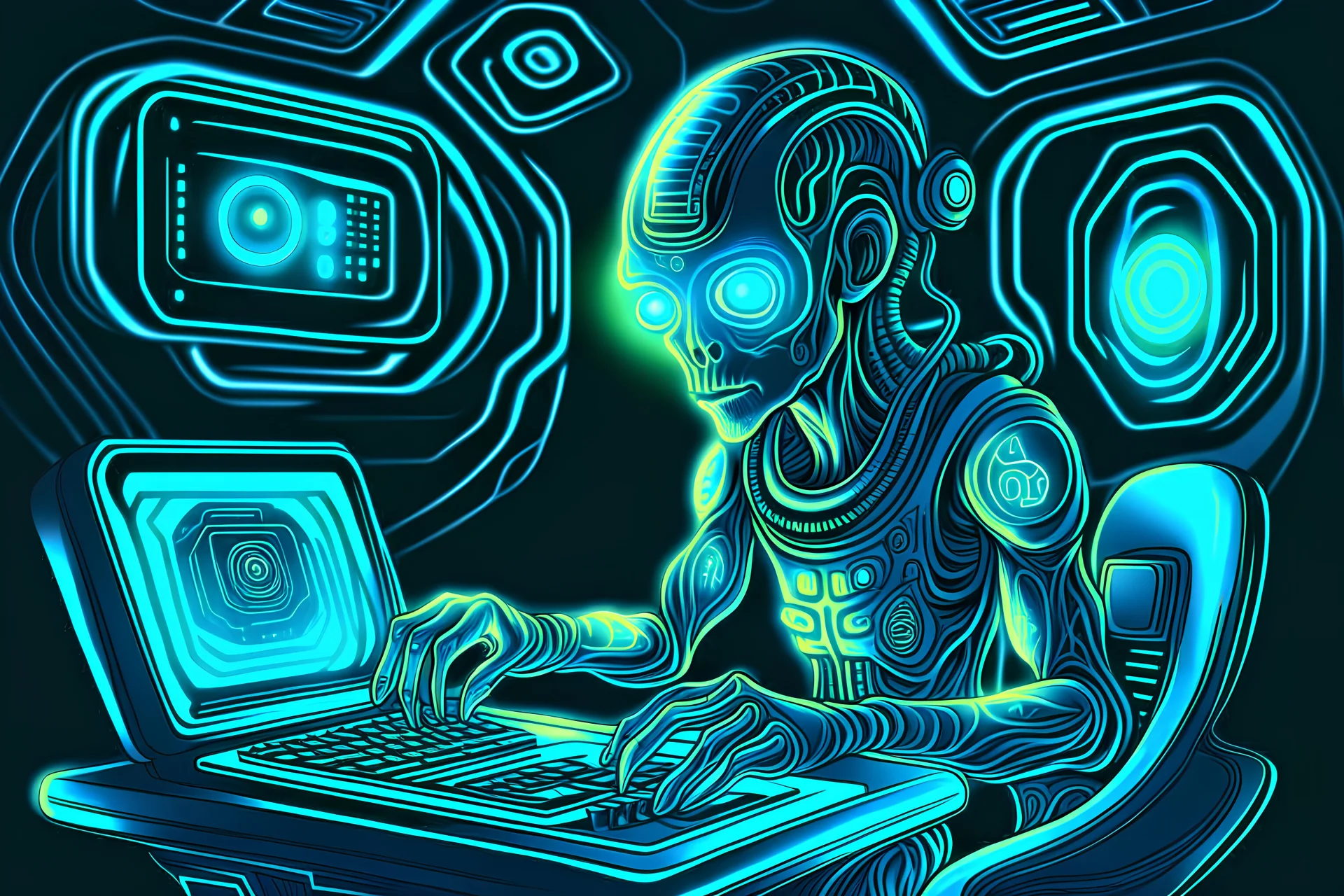 alien engineer with metallic, intricately patterned skin resembling a live circuit board, wearing a jumpsuit on a spaceship working on a toaster machine. His eyes glow with a soft blue light, he is a comedic character. toaster machine