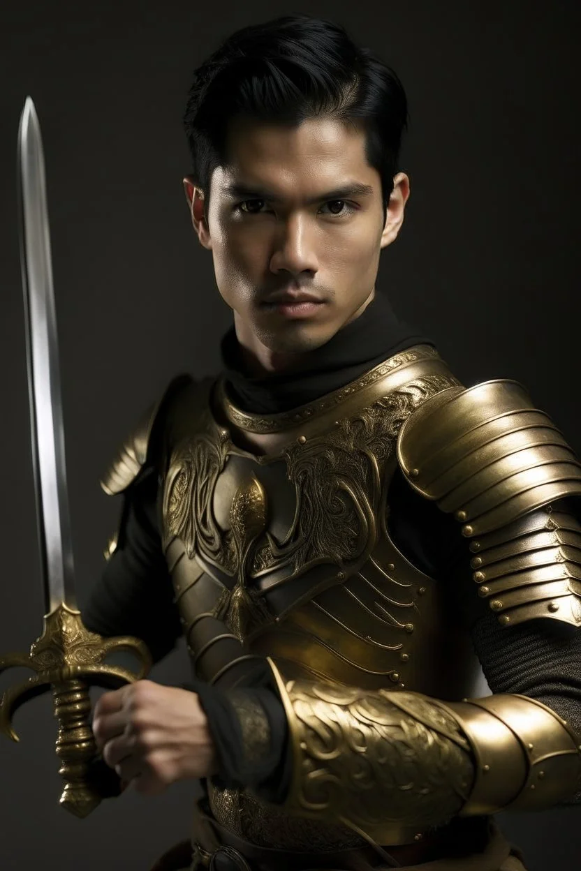 A handsome 30 year old man, black hair, male bob haircut, in black-and-gold plate armor, golden katana in both hands, no beard, european