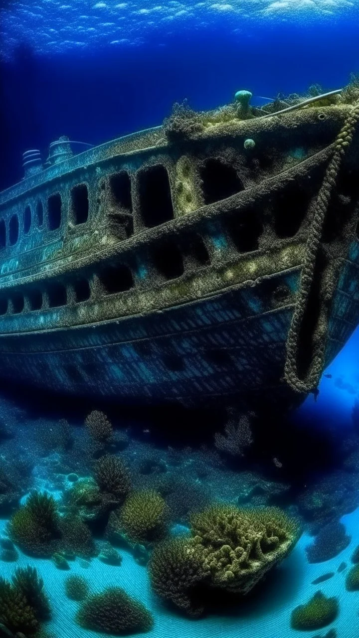 A dark blue shipwreck underwater designed in ancient Roman mosaics painted by Claude Monet