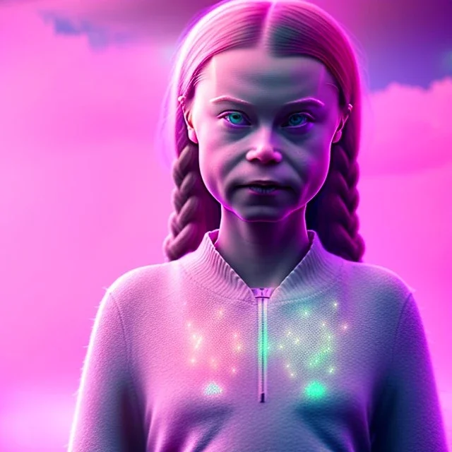 Greta Thunberg of a crystalised queen, atmospheric, realistic, unreal engine, cinematic lighting, octane render, transoarent, pink turquoise light