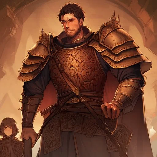 A shy and awkward young man in medieval iron armor with short brown hair