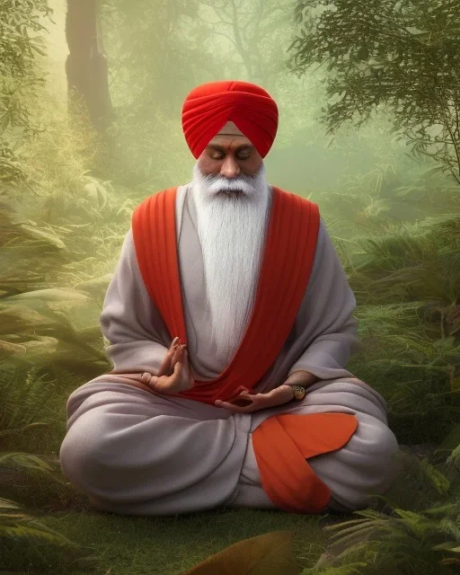 guru nanak dev ji wearing round turban, meditating and singing in the forests