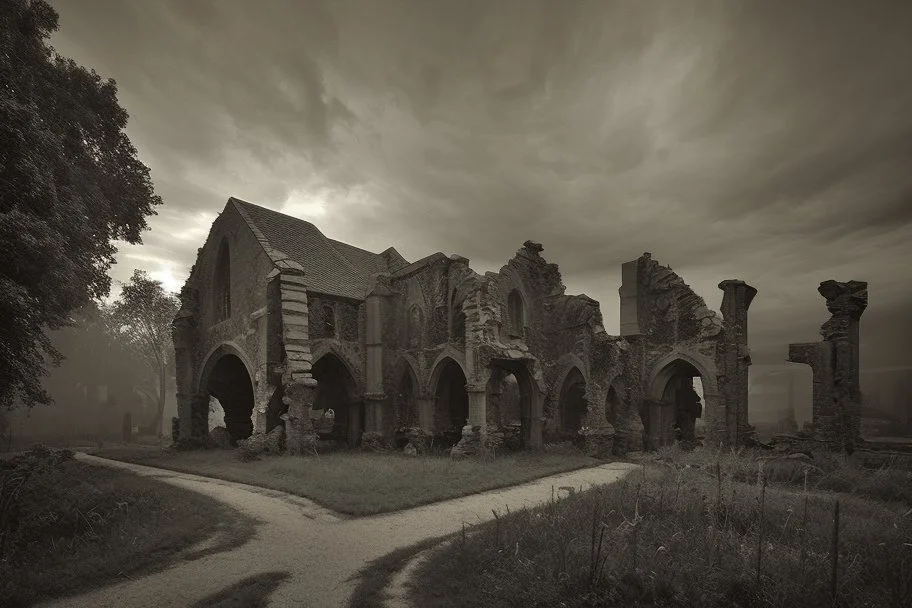 medieval ruins and garden, the setting sun peeps through the storm clouds over the medieval street Sherry Akrami Yossi Kotler by Jeremy Mann