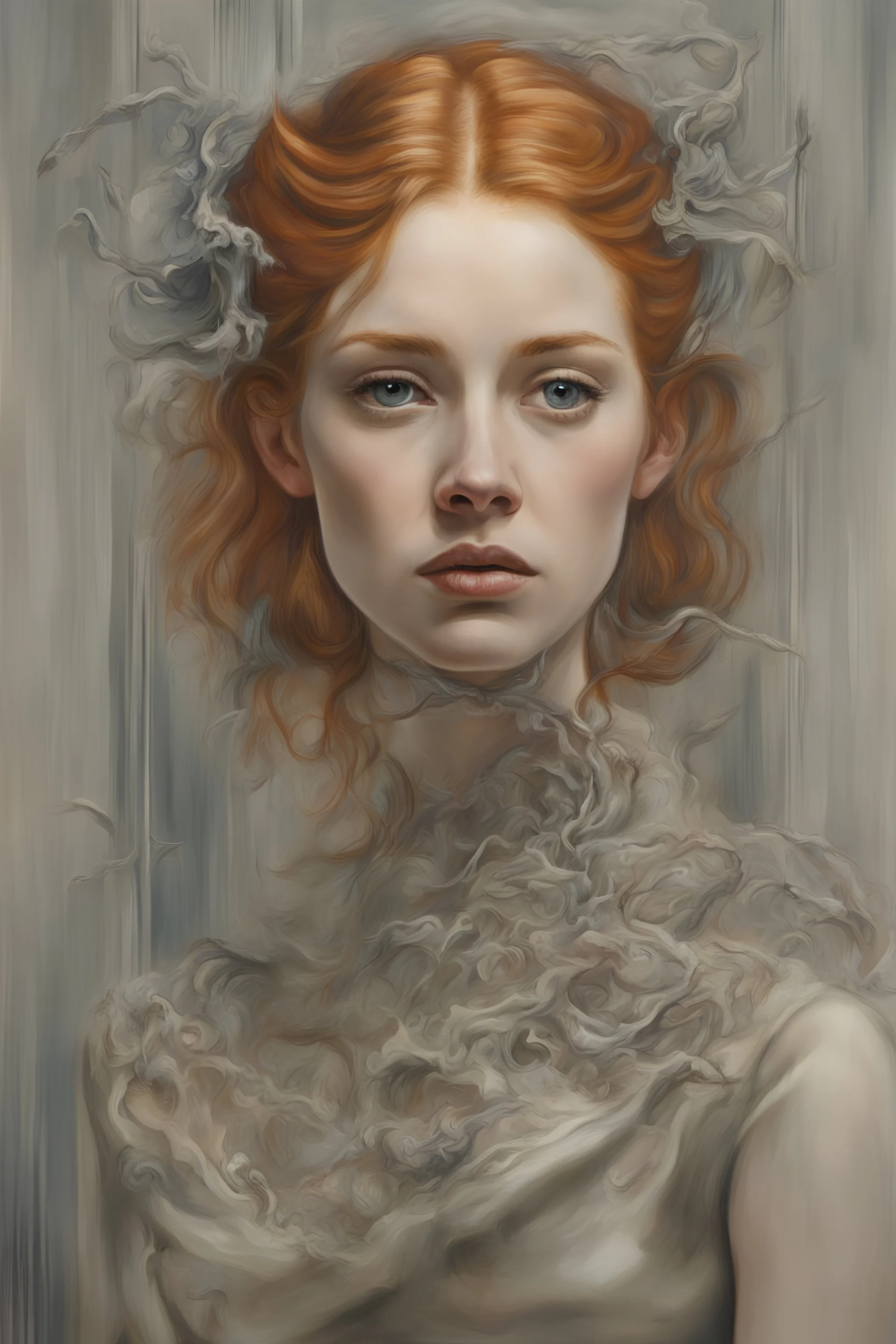 Ginger hair Alexandra "Sasha" Aleksejevna Lussin , oil paiting fantasy erect psychology dream, symptom, image Salvador Dalí style in the New York City facial features resembled