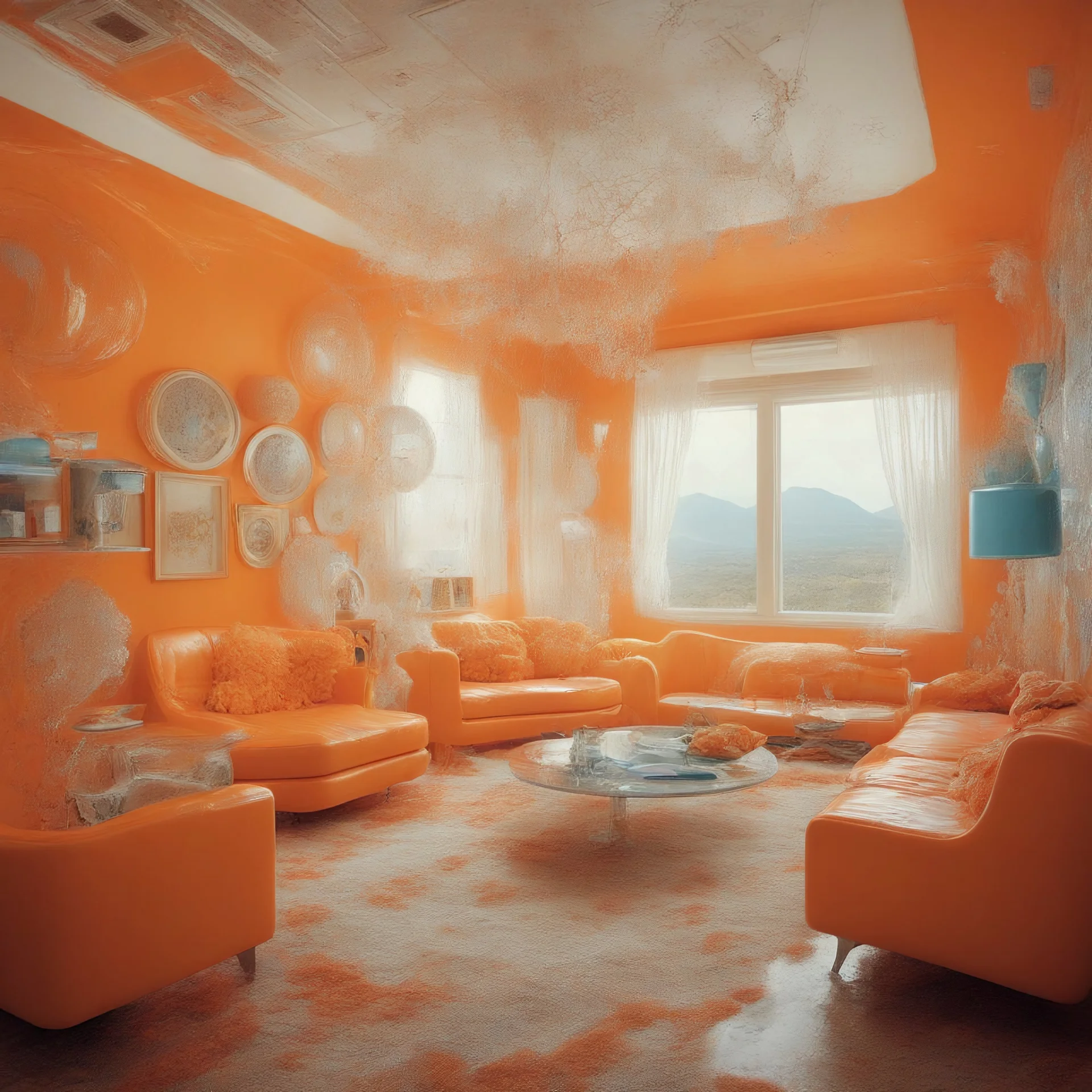 Surreal vintage living room where everything is in plastic, orange, even the walls and windows and shaggy carpet, futuristics