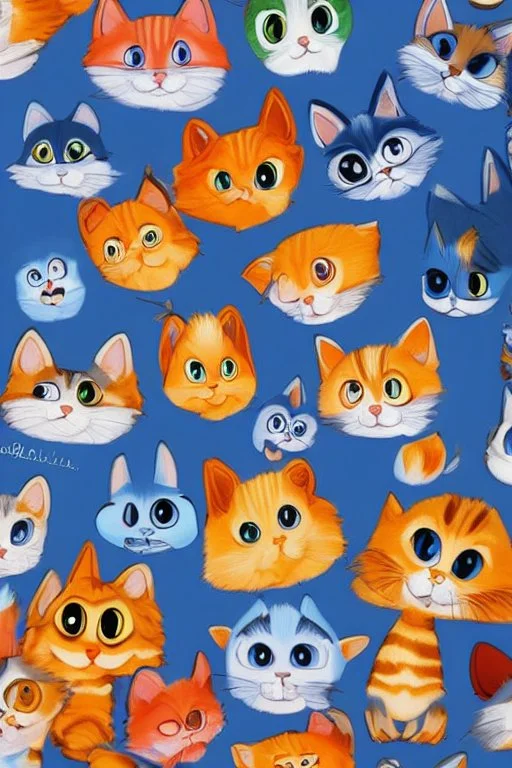 Blue and orange chibi pixar cats with big lifelike eyes and flowers