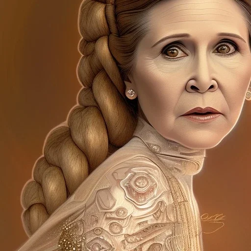 hyperspace background, complete and photo realistic detailed head to waist stunning photo realistic portrait of carrie fisher as Princess Leia in star wars with photo realistic updo hair by Mandy Jurgens and mucha and Richard Schmid and chuck close and chie yoshii, extraordinary and detailed ceremony dress of star wars,brown eyes