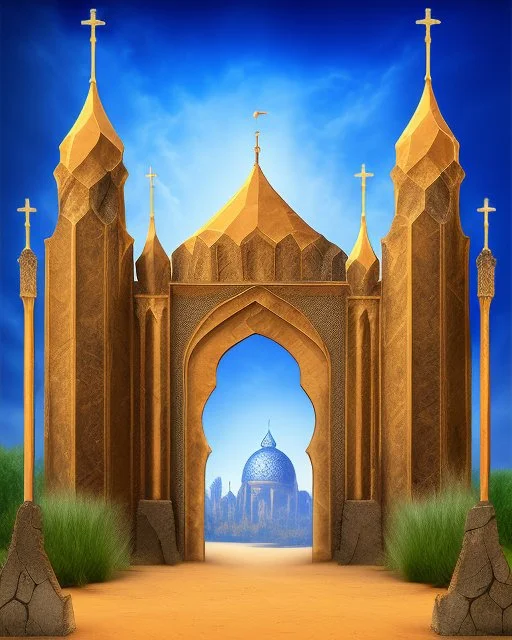 A gothic_arab gate in a blue tiled wall with a view of a desert landscape