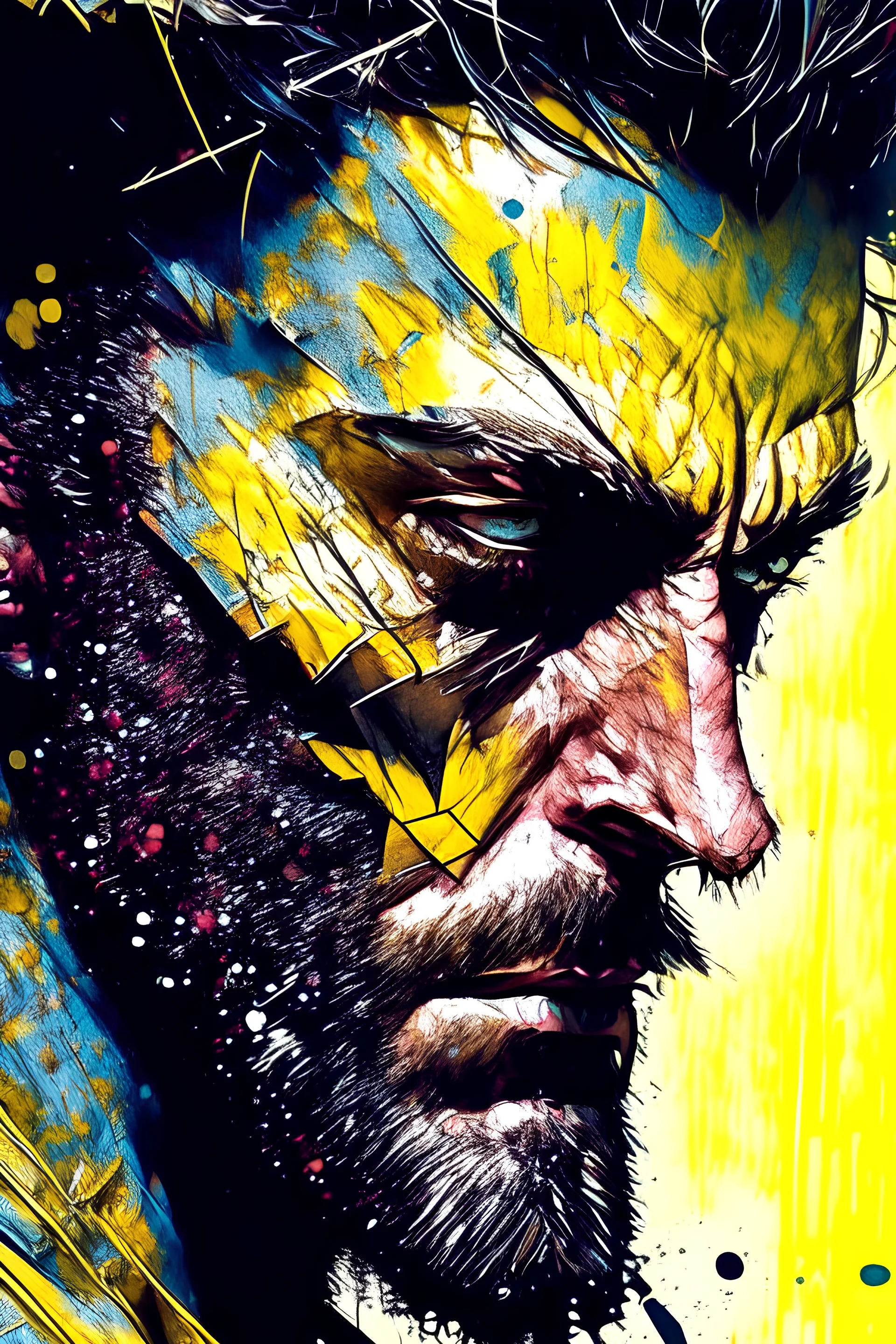 Close Up, Full Color Painting Of Wolverine, (((Graffiti Art) (By Carne Griffiths))), Yellow Wall Background, Insane Details, Intricate Details, Hyperdetailed, Low Contrast, Soft Cinematic Light, Dim Colors, Exposure Blend, Hdr, Front