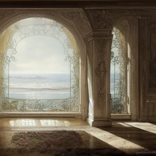 Living room with a big full wall window view on mediterranean city on sea , white Beaux Arts architecture,interior design,point of perspective,by Jean Baptiste Monge, Epic cinematic, brilliant stunning, intricate, meticulously, detailed, dramatic atmospheric, maximalist digital matte painting