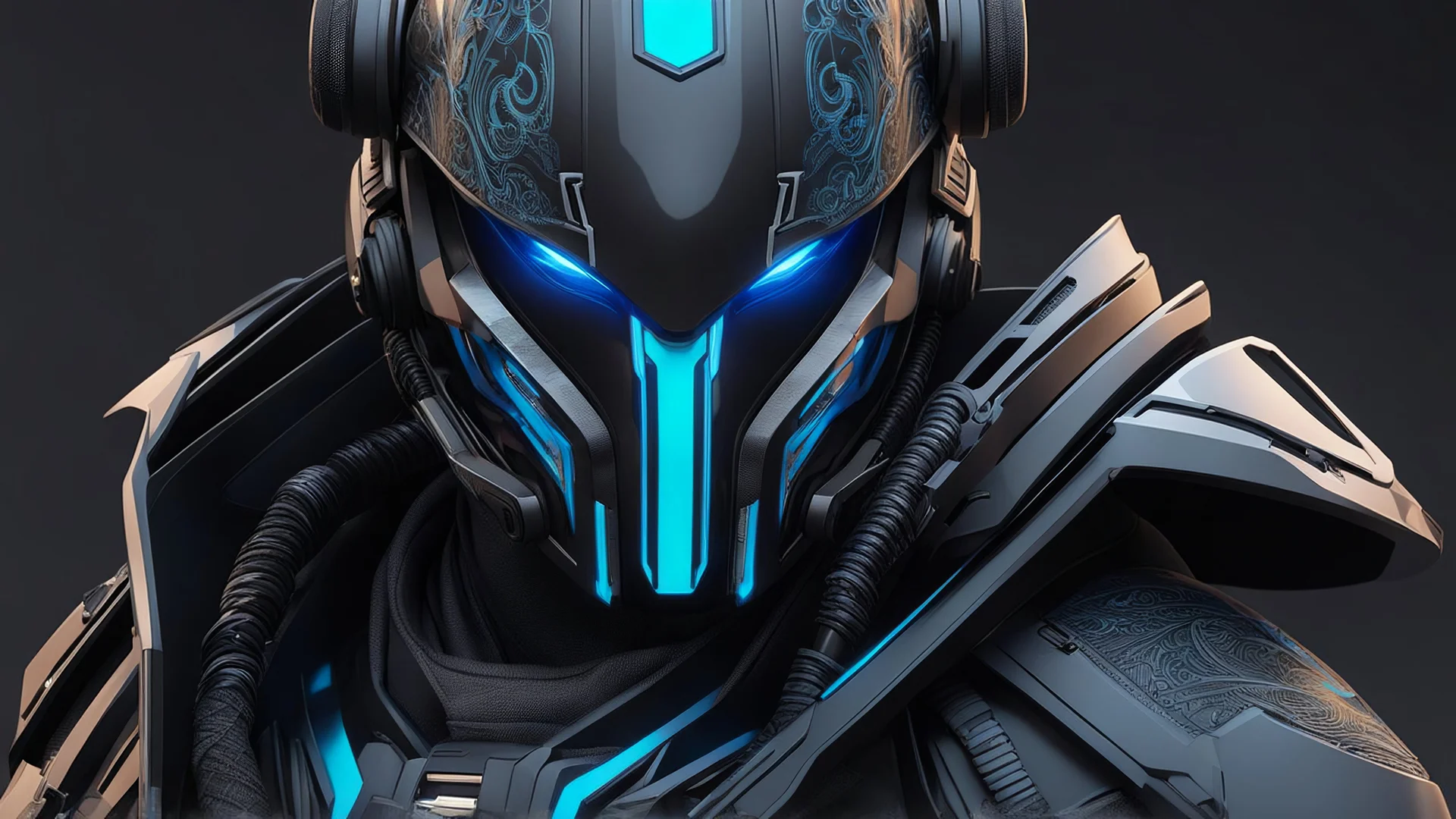 A man wears a black glass Cyberpunk helmet , full helmet cover , Changshan, black and blue color, cyberpunk drawing style, neon, intricate details, highly detailed, high details, detailed portrait, masterpiece,ultra detailed, ultra quality