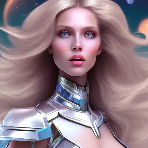 Beautyful woman,galactic , cosmic armor,hair long blond, blue eyes, happy cosmic, bright colors, blue, pink, realistic, photo real, clear sunny background, highly detailed, high contrast, 8k high definition, unreal engine 5, extremely sharp detail, light effect, sunny light background