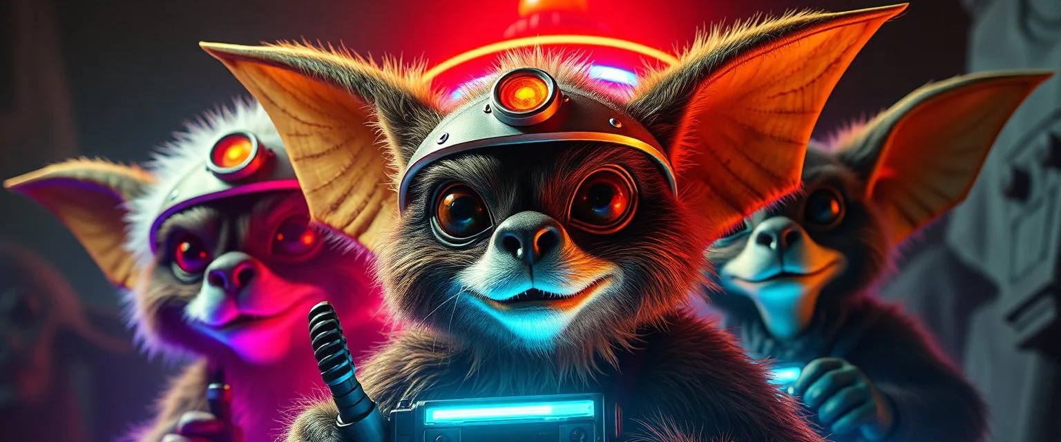 volume fog light, hyper real close up on fluffy faces of rock alien cricket coyote priest gremlin fasion general with hi tech transcendent lazer plasma blaster arsenal from hell, guarding bridge up to space saucer neon plastic transparent, movie poster