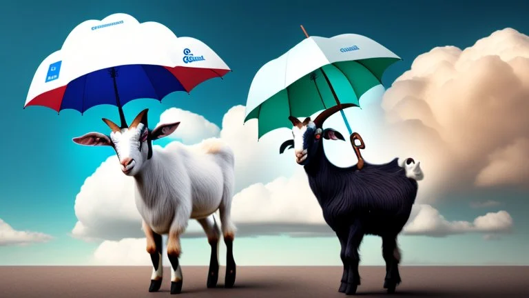 Goat holding a cisco branded umbrella in the AWS cloud