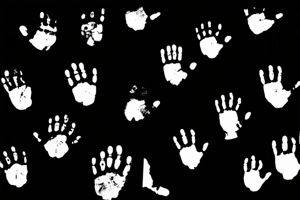multiple white hand prints on a solid black background. some hand prints have finger streaks