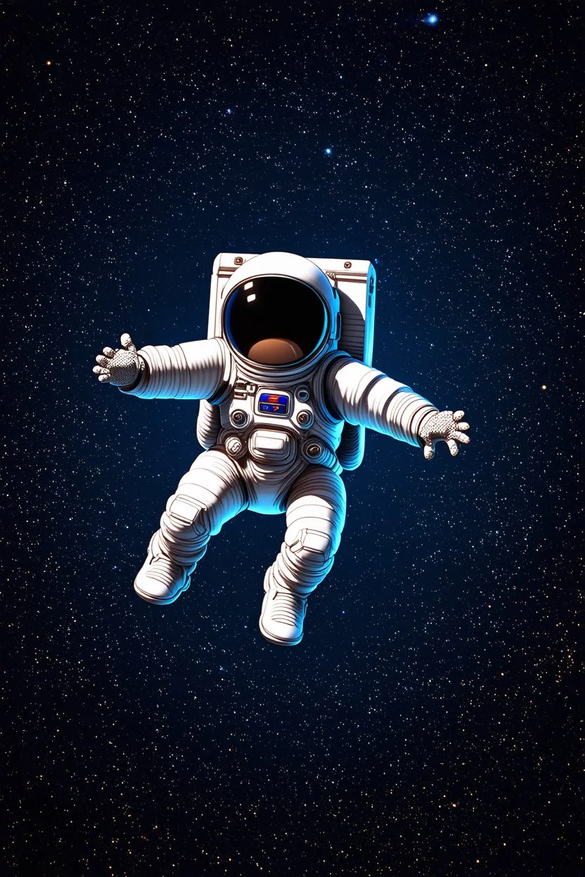 A small falling cartoon astronaut floating in space over a dim background with lots of distant stars and galaxies and quasars and nebulas. Realistic textures and grains. Render in HD 8K quality. High quality textures and details.