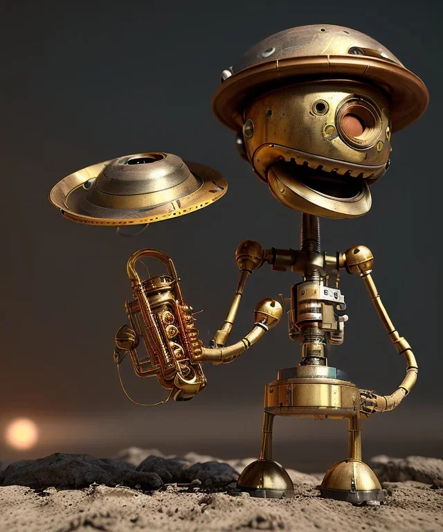 happy mechanoid person playing jazz with a steampunk theme, realistic