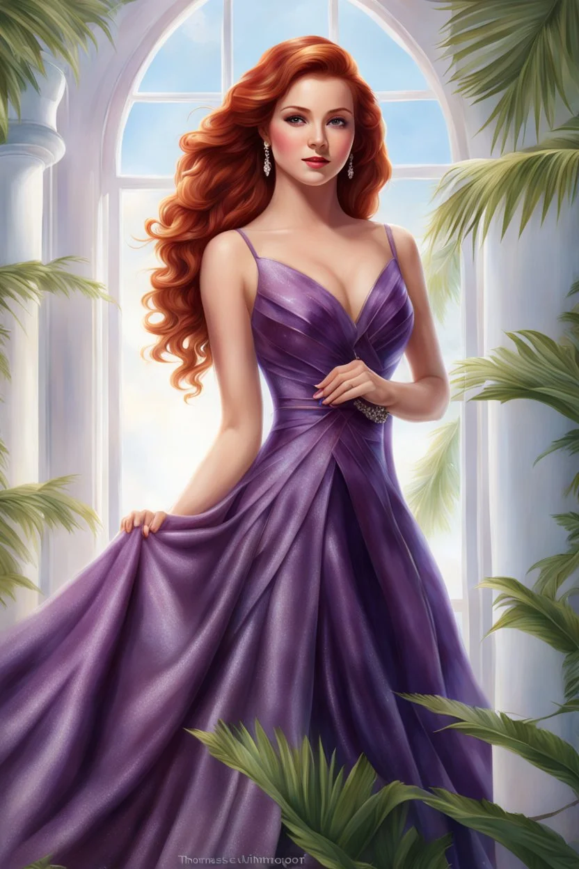 elegance, beautiful woman, 18 years old,front view, tiny, luxuriant, center, single luxuriant purple dress, red hair, render indoor palm, white background,32k, ultra high definition,realistic, white background, clipart, thomas kinkade, blushing, masterpiece, unique, breathtaking, Best Artist, Cinematography, Soft Lighting, Cute and well loved, Creative, Ultra detailed