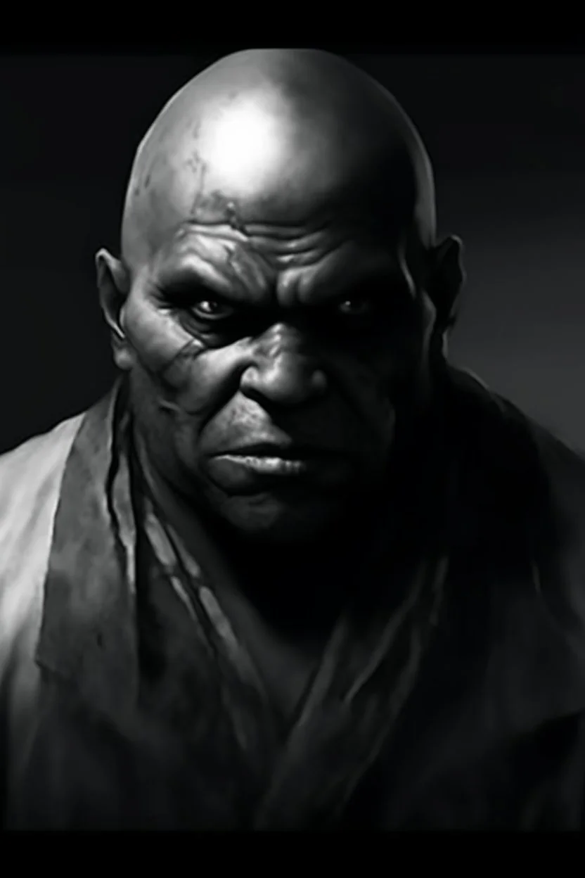 A native Indian chef, they but a fabric on his eye so he can not see and his arms are Handcuffed. looks miserable with bruises on his face like he has been beating sitting on a broken chair in a prison with dem light and dark prison environments , Busch painting style , sureal