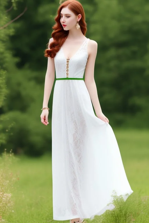 full shot body of Woman portrait with fairly pale skin , green eyes, long auburn hair, and wearing a pretty lace dress . Her outfit is a sexy dress , nice sport shoes. country side ,small lake with a hose in side,