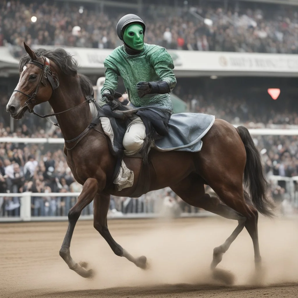 An alien jockey riding a horse in the Belmont Stakes