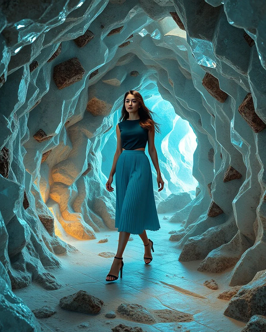 make a picture pretty cave made of crystal diamond 3d fractal recursive cubic and sphere base structures and a beautiful fashion model lady with cute,with dark cyan decholte top and pretty pleated midi skirt,siver she walks in cave ,dynamic camera zoom to full body and fallow her inside cave dynamic lights.