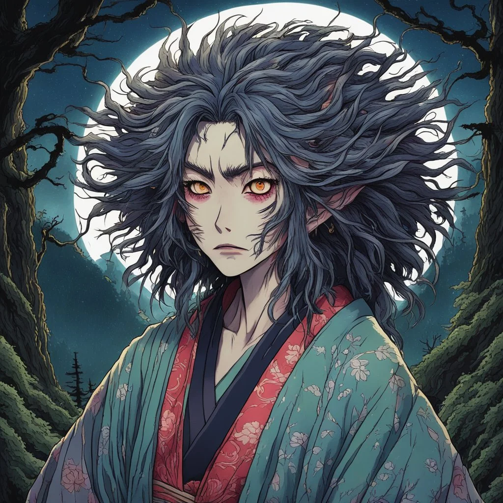 full color front facing portrait of a malevolent Yama Uba witch in a ragged kimono with highly detailed shaggy hair and slim, aged and withered facial features, in a haunted mountain forest, pierced by shafts of moonlight , art in the style of spirited away, studio ghibli, , 8k , finely detailed and precise line work, soft natural Spring colors