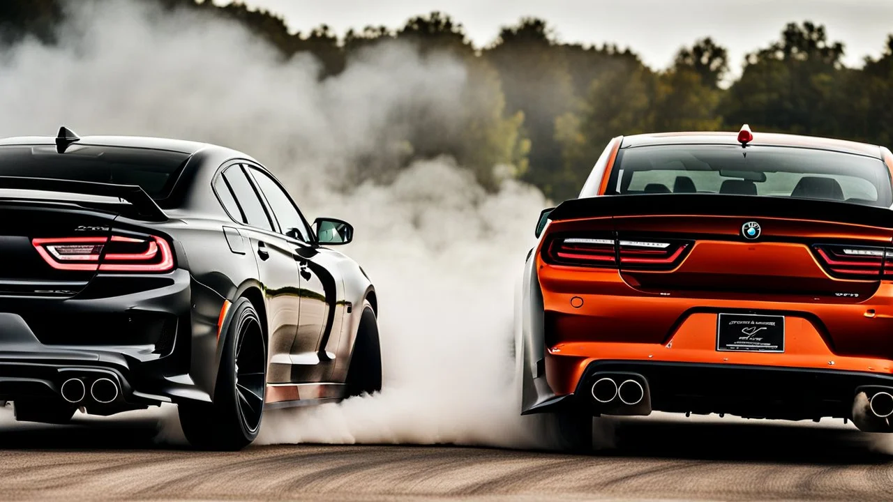 Black BMW and Dodge Charger SRT drifting in the white smoke, rear view, cinematic, luxurious --chaos 80 --ar 16:9 --style raw --stylize 700