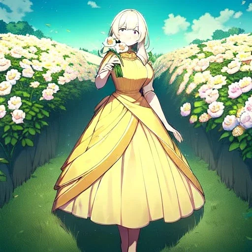 beautiful anime girl holding on to a flower and blowing the dried seeds into the air as the wind carries them away. outdoors scene.anime girl standing in a meadow of flowers. thw wind is blowing flower pedals into the wind. girl wearing yellow dress. more emphasis on seeds floating in the air. lots of seeds floating the air. lots of flower pedals floating the air behind the girl. rose pedals all over the ground.emphasis detail on the girls eyes, mouth and nose.