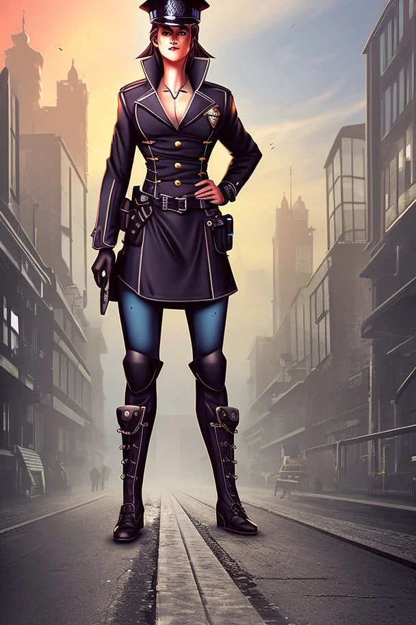 full body picture of a UK policewoman, steampunk city background