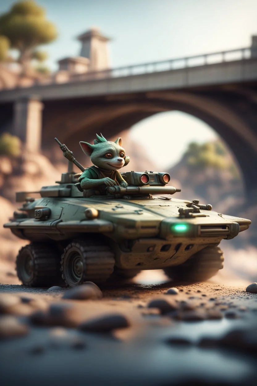 pen outline, gremlin alien badger sheriff drifting with tanks under the bridge rui ,bokeh like f/0.8, tilt-shift lens 8k, high detail, smooth render, down-light, unreal engine, prize winning