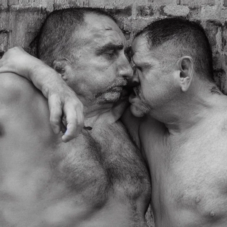 realistic, two italian prisoners 44 years old kissing in prison behind bars, dirty, ugly, bullneck, muscular chubby, in tank top, long hairs, manly chest, misery and poverty, emotive eyes, photo 50mm lens, side view, photorealistic, ultradetailed