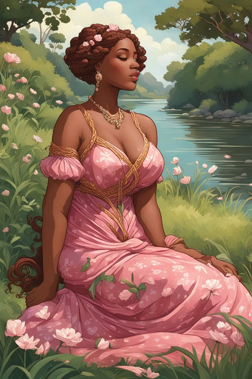 An art nouveau painting art illustration of a curvy black cartoon woman sitting relaxed on a sunny riverbank, lush green grass surrounding her. Facing left in profile, she has flowing chestnut hair styled in an elaborate braided twist. complementing the pink floral maxi dress wrapped snugly around her exaggerated curves. One hand touches her cheek lightly as she looks to the distance, brown eyes enhanced by long lashes and purple eyeshadow. Bold brown lips match the brown flowers on her dress