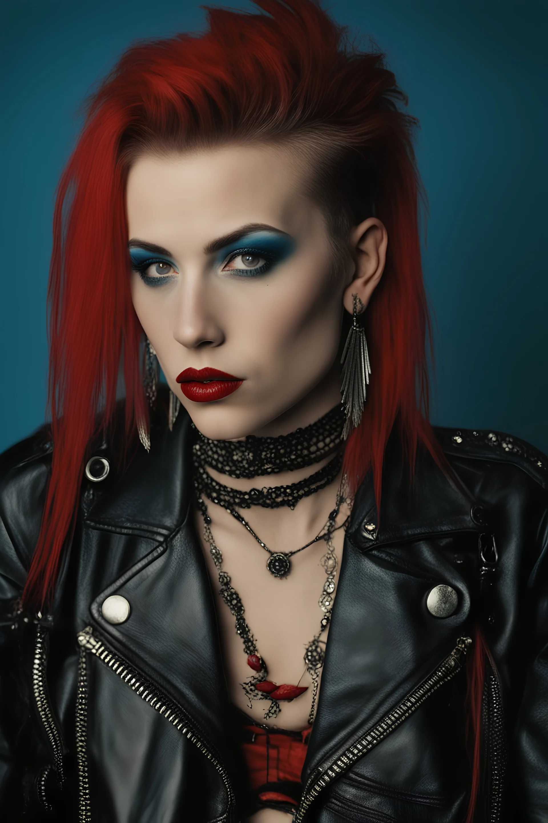 photo of a beautiful Polish young punk woman taken by a Mamiya M645 camera with portrait lens on colour medium-format film, red lips, blue eyes, red mohawk, black leather jacket, Ramones style, heavy boots, fishnet stockings, torn t-shirt, nosering, few earrings, belly ring