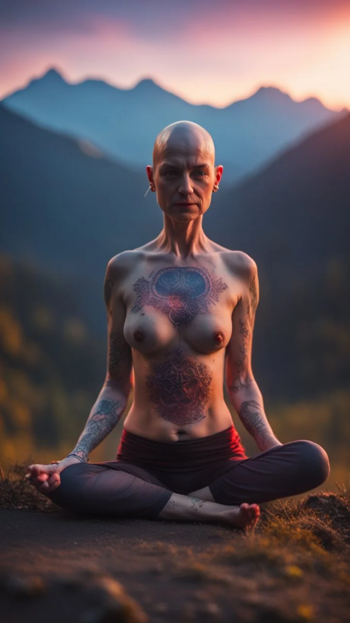 spray paint, body with dark outline, portrait of bald witch as yoga Vampire stretching after sunset with psychedelic tattoos in carpathians montains sun set ,bokeh like f/0.8, tilt-shift lens 8k, high detail, smooth render, down-light, unreal engine, prize winning