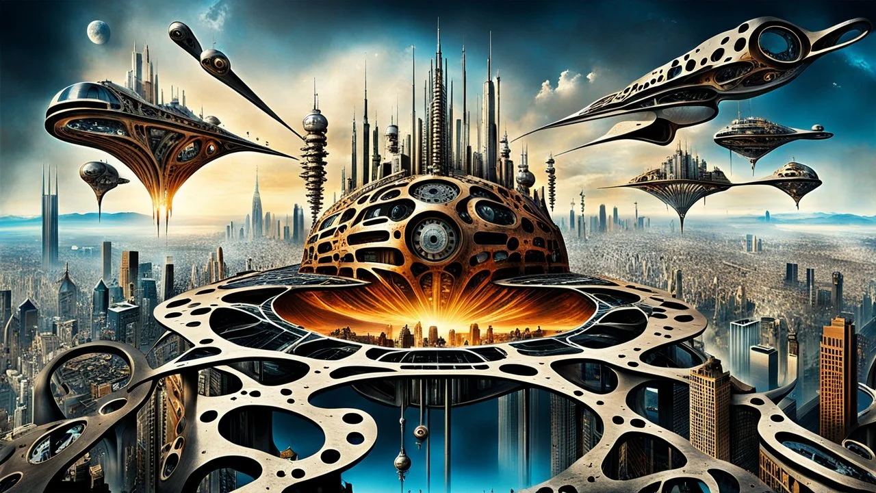 a stunningly weird image of a futuristic floating metropolis using Salvador Dali's paranoiac-critical method, where buildings and structures appear to melt into the skyline cityscape is filled with floating mad, twisted sharp metal shapes that interact with the buildings and each other, forming a surreal tableau of a dreamlike reality. neu-steampunk vibe, essence of the scene in a cinematic manner, with dramatic shadows that enhance the distorted perspectives and bizarre
