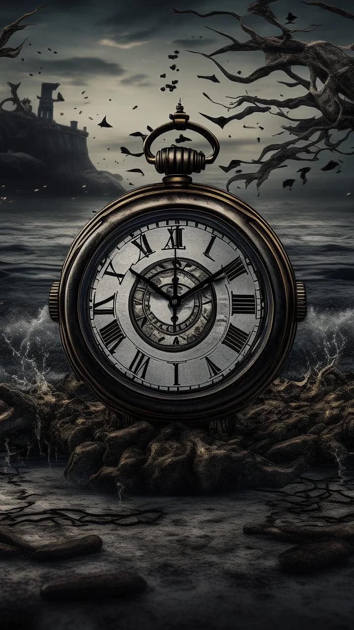 An old clock in the ocean background of black vein, human veins, mixing together a lot of them, like a forest, big and small veins a lot of them, an antique clock